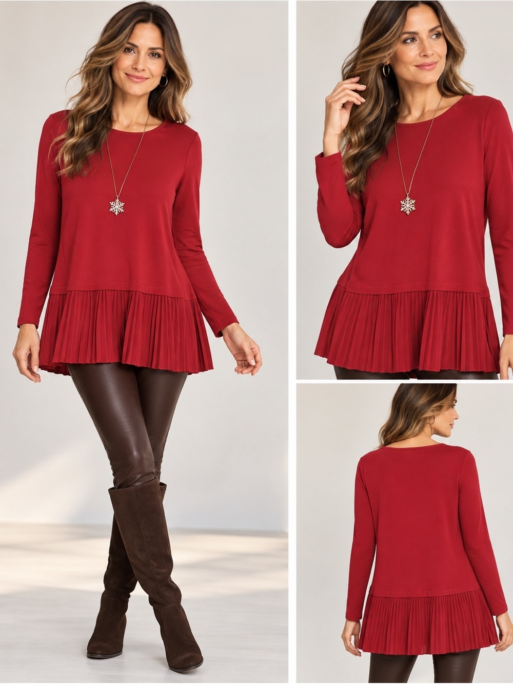 J.Jill Women’s XS Red Pleated Hem Tunic Top Long Sleeve Layered Blouse.